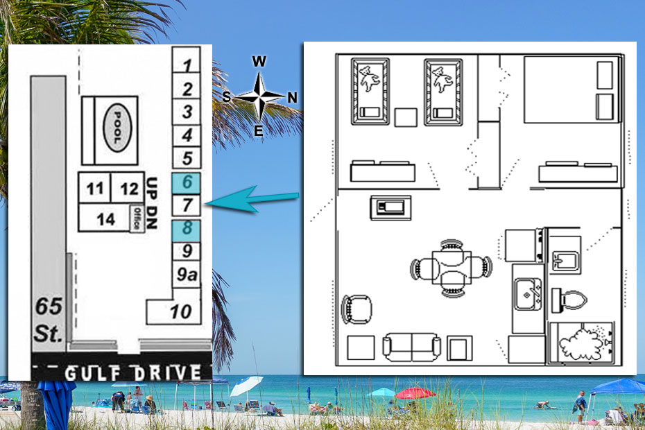 Layout for Rooms 6 and 8 at White Sands Beach Resort